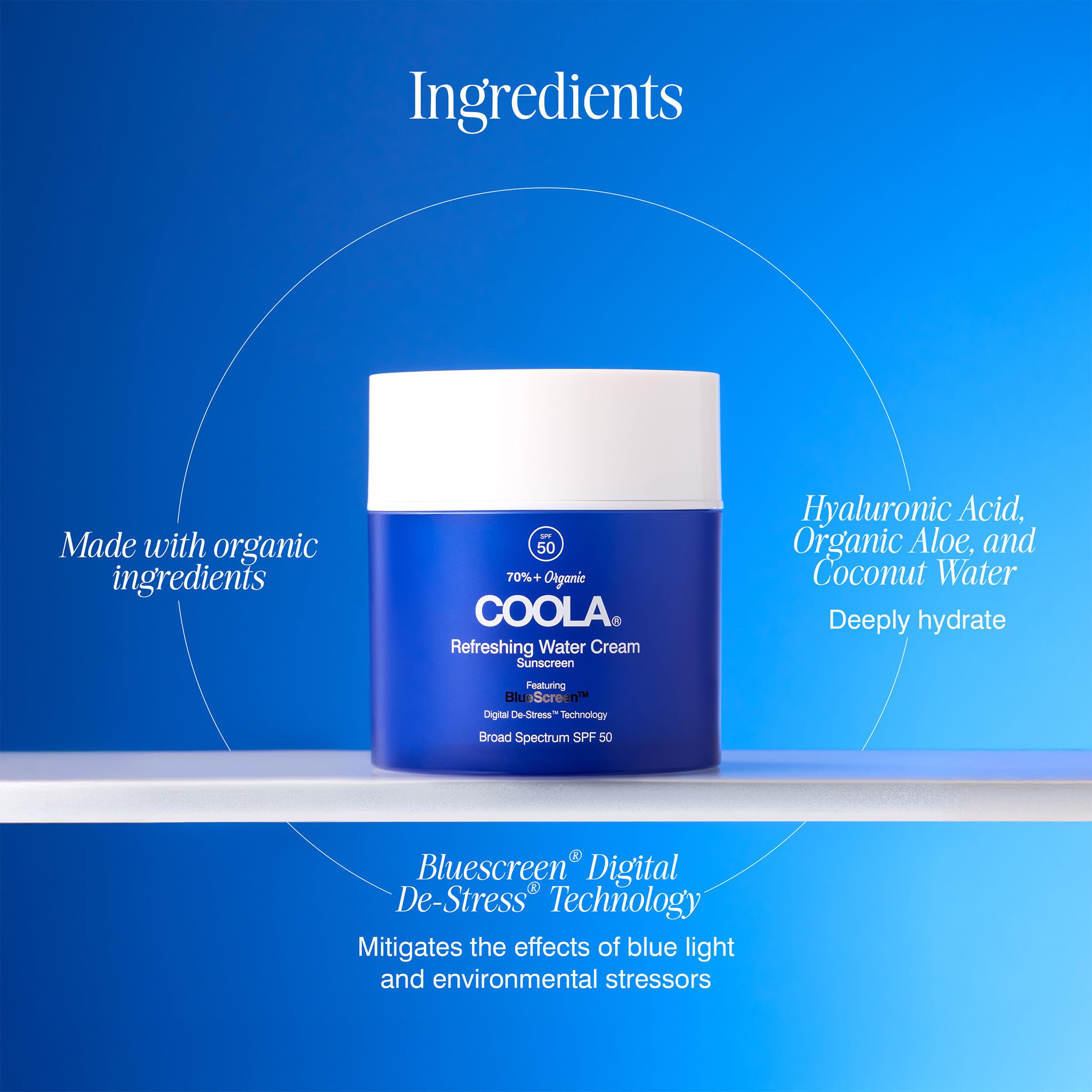 COOLA water cream on vanity suggesting daily routine ease and clean-beauty benefit