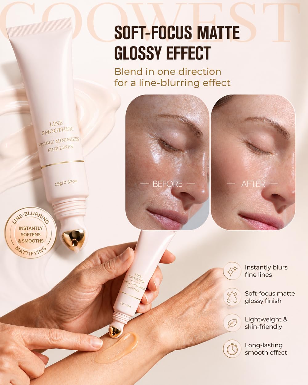Coowest primer swatched on hand blending in, shows lightweight, non-greasy feel