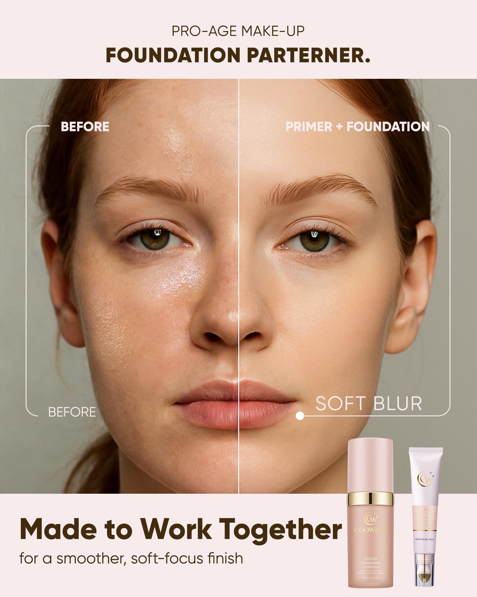 Coowest split-face before and after showing blurred pores and softened fine lines