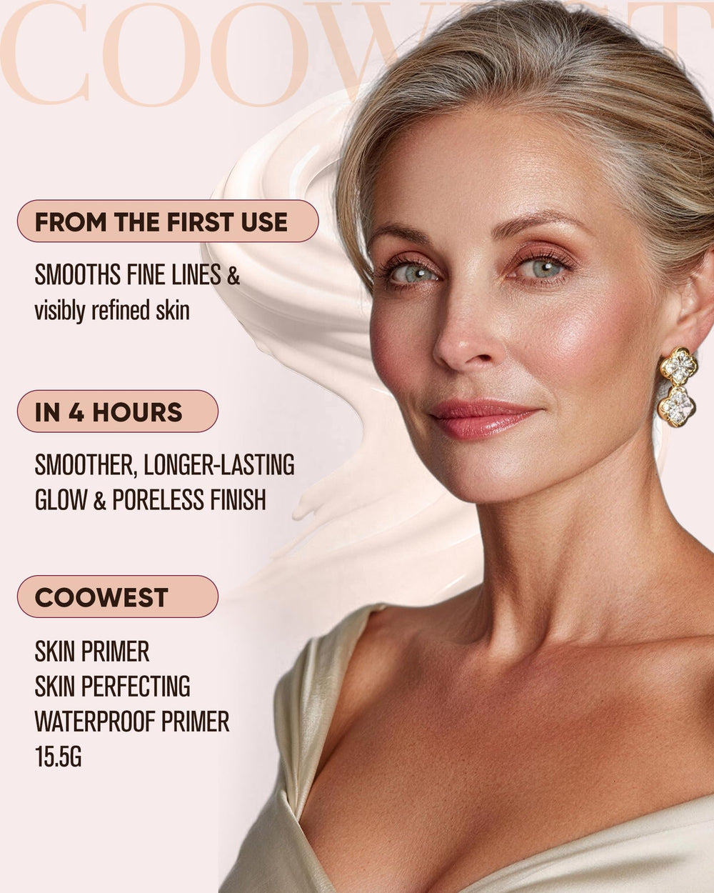 Coowest ingredient bottle with vitamin C and hyaluronic acid, highlights skin-support benefits