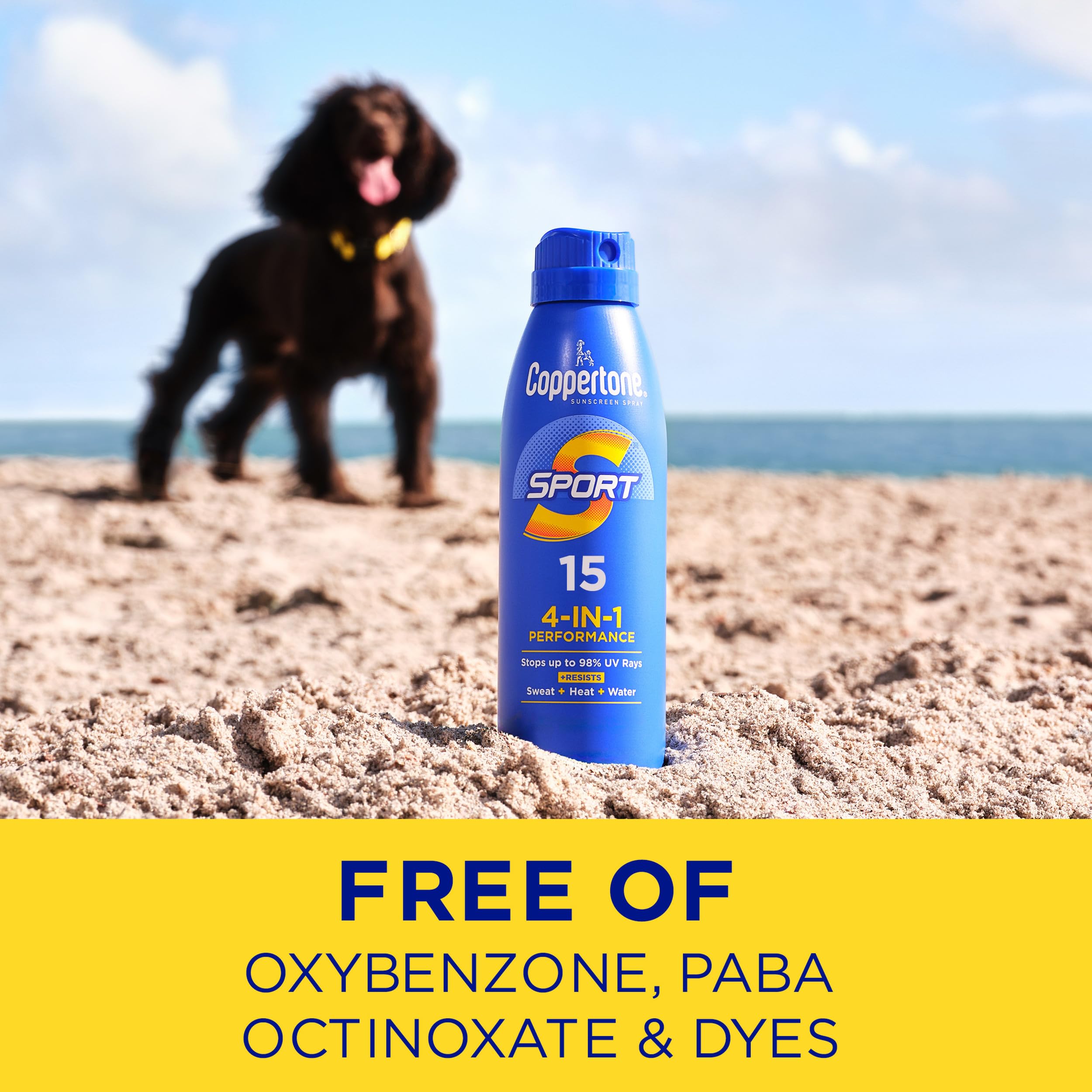 Coppertone SPORT being splashed with water to show 80 minute resistance