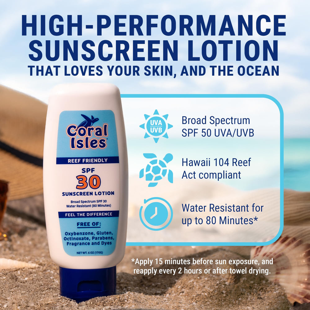 Coral Isles back label with ingredient info and reef-friendly claim