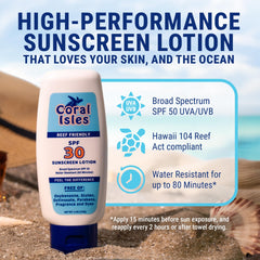 Coral Isles back label with ingredient info and reef-friendly claim