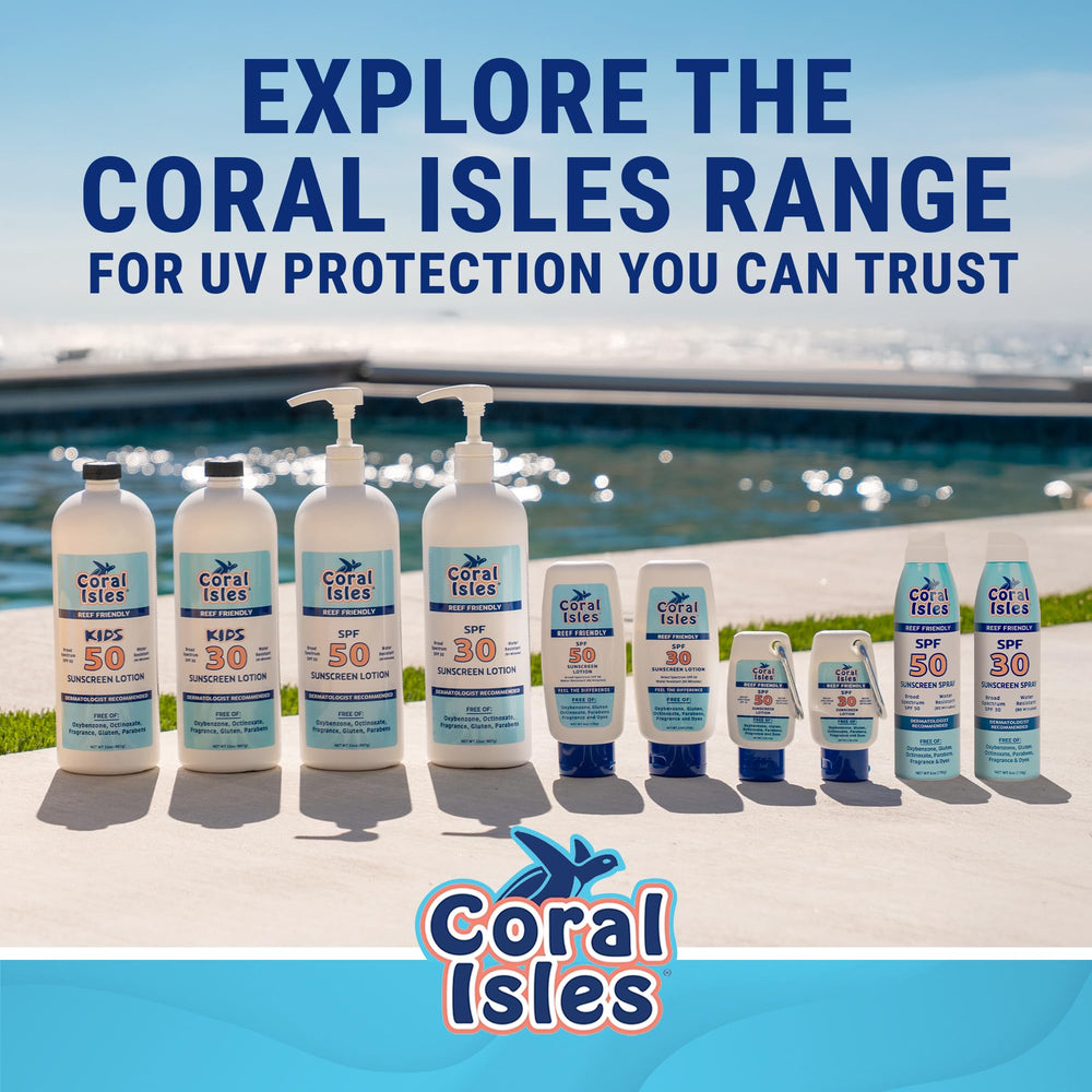 Coral Isles beach lifestyle scene with sunscreen protecting active outdoor user