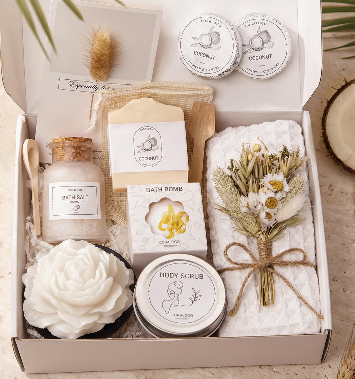 Coralogo front packaging of coconut spa basket showing gift-ready presentation and elegance