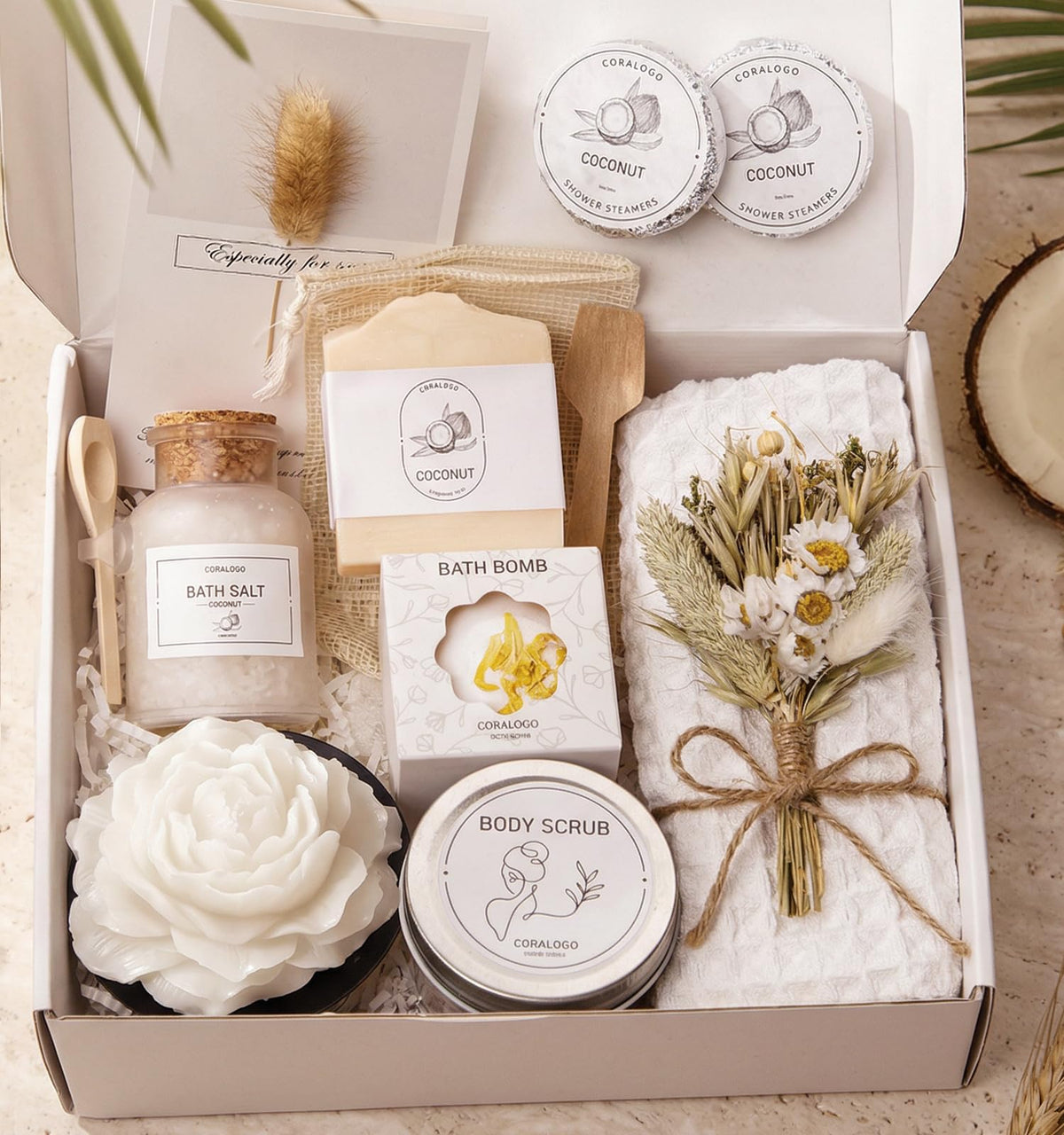 Coralogo front packaging of coconut spa basket showing gift-ready presentation and elegance