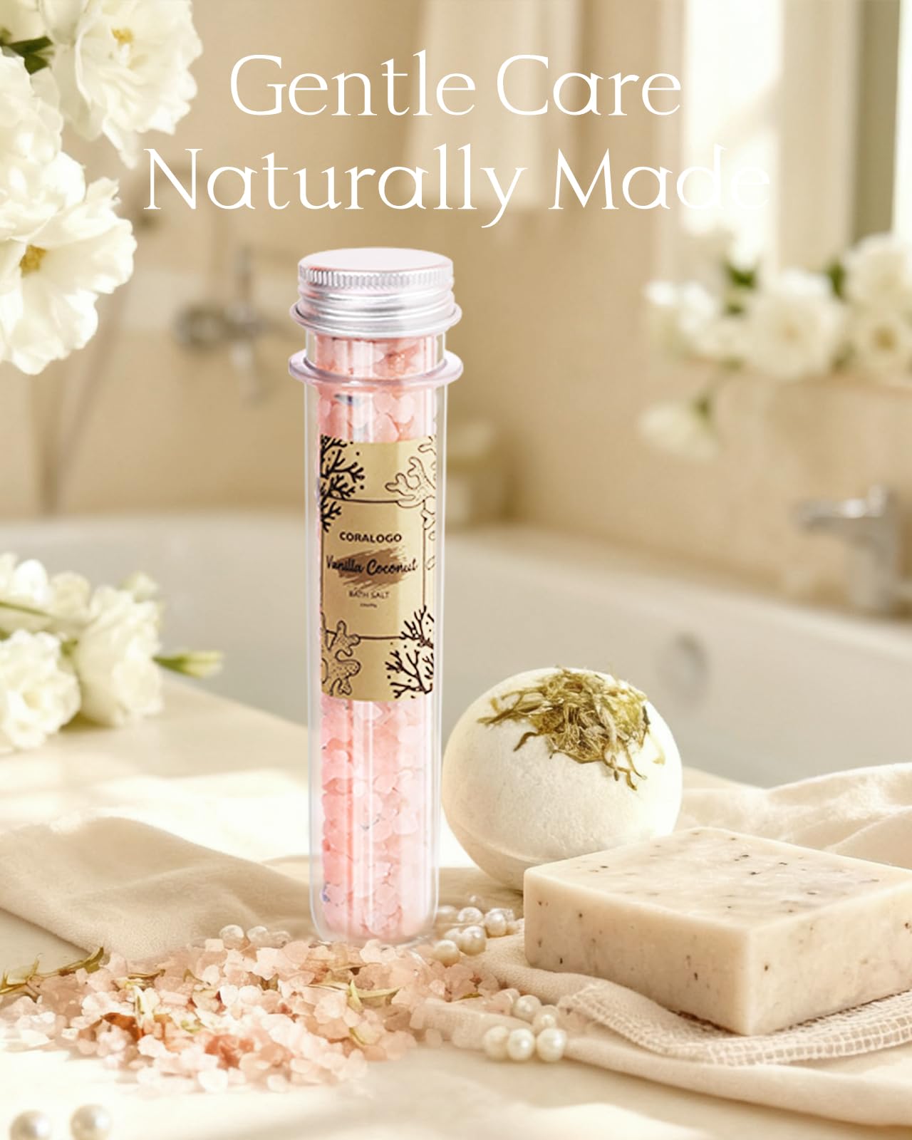 Coralogo scented candle lit setting creating calm ambience and enhancing relaxation during bath time