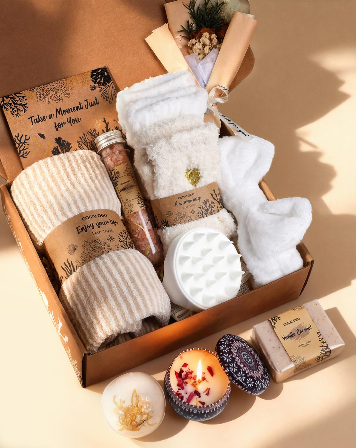 Coralogo spa basket front view showing complete 11-piece set and elegant presentation benefiting gift readiness