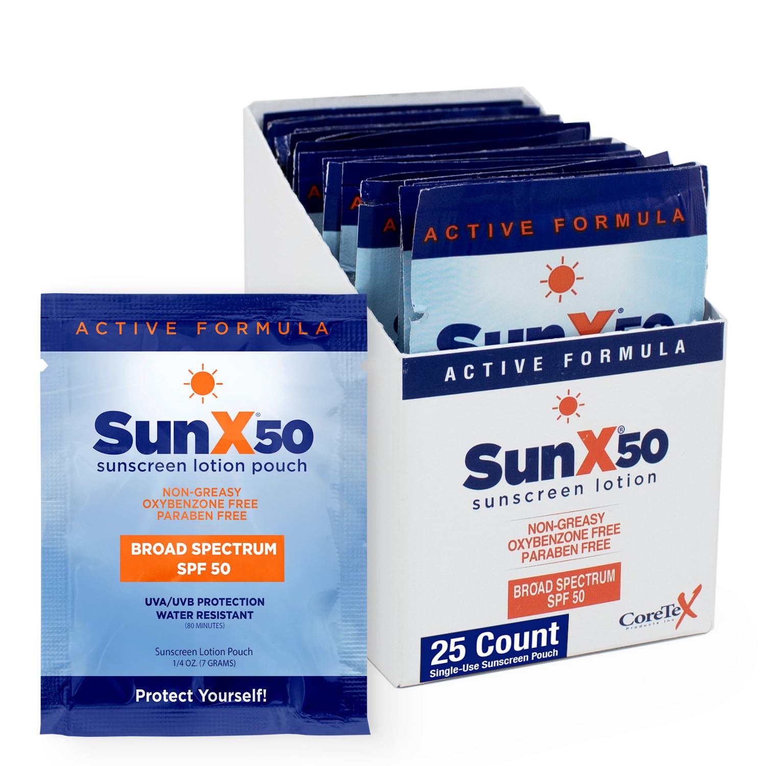 CoreTex Sun X 50 front packet view showing compact travel-ready sunscreen