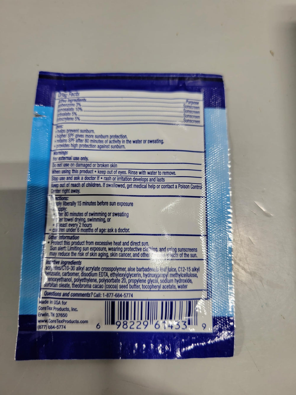 CoreTex Sun X 50 pack with recycling symbol showing sealed, travel-safe packaging benefit