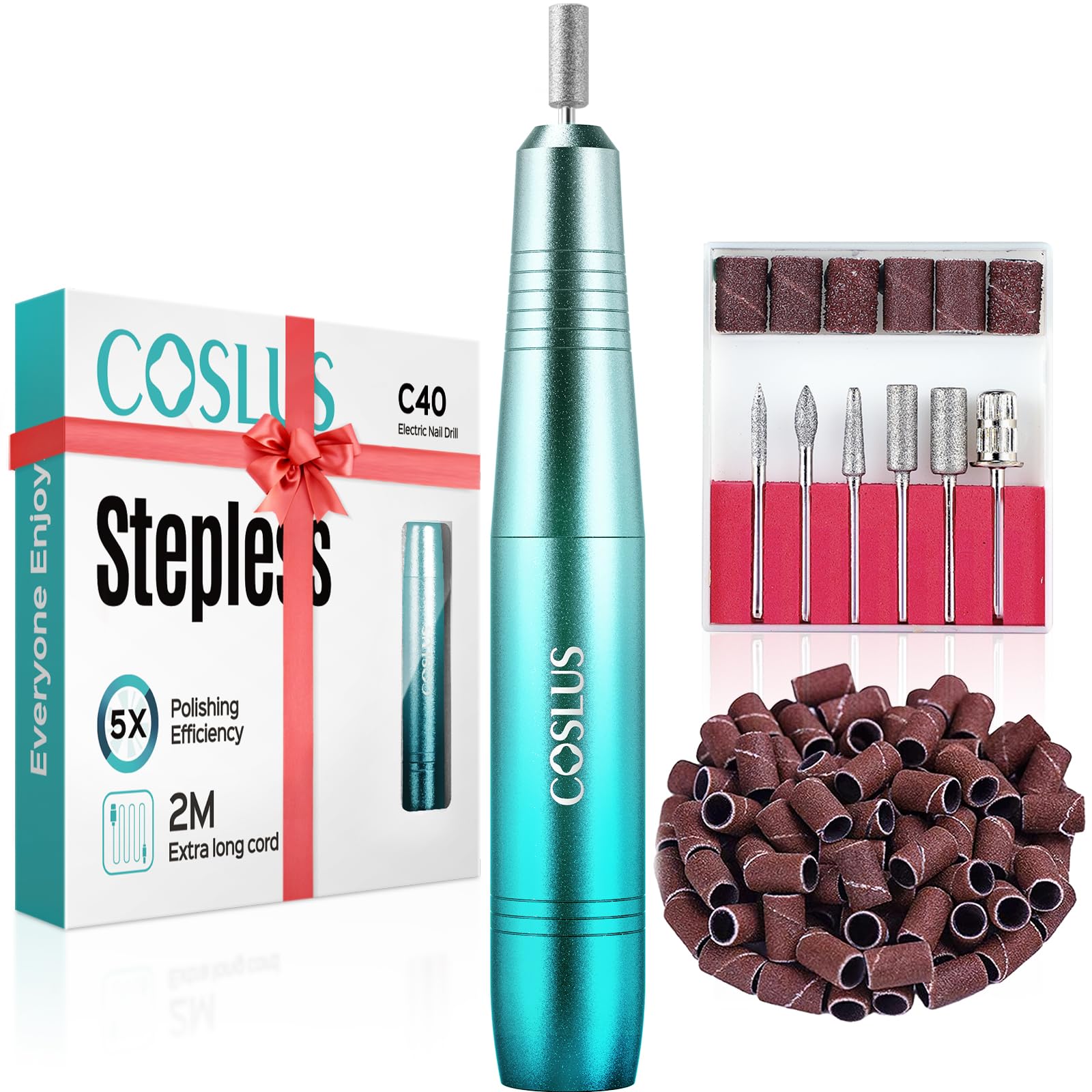 COSLUS C40 front view showing compact blue drill and ergonomic shape for portable manicure