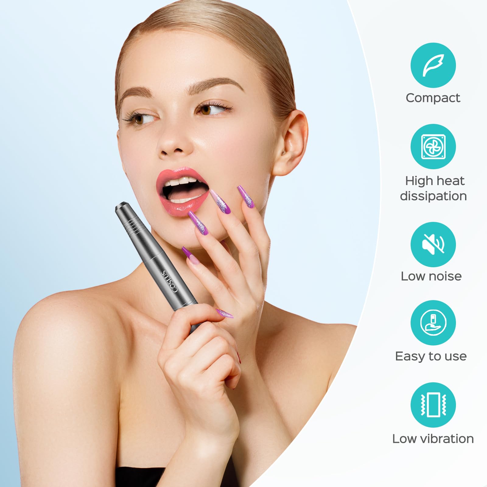 COSLUS drill in use shaping nails to demonstrate precise filing and salon-ready finish benefit