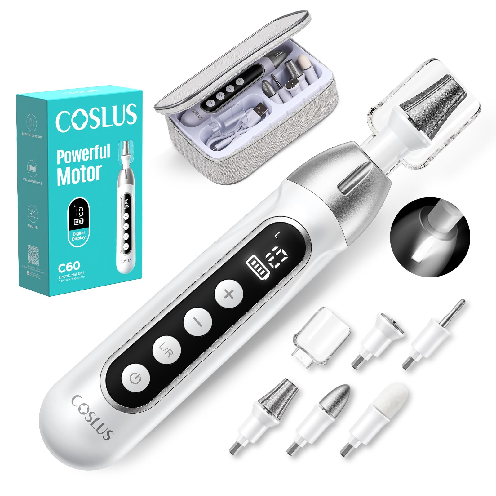 COSLUS C60 front view showing compact cordless grinder and case for easy grooming