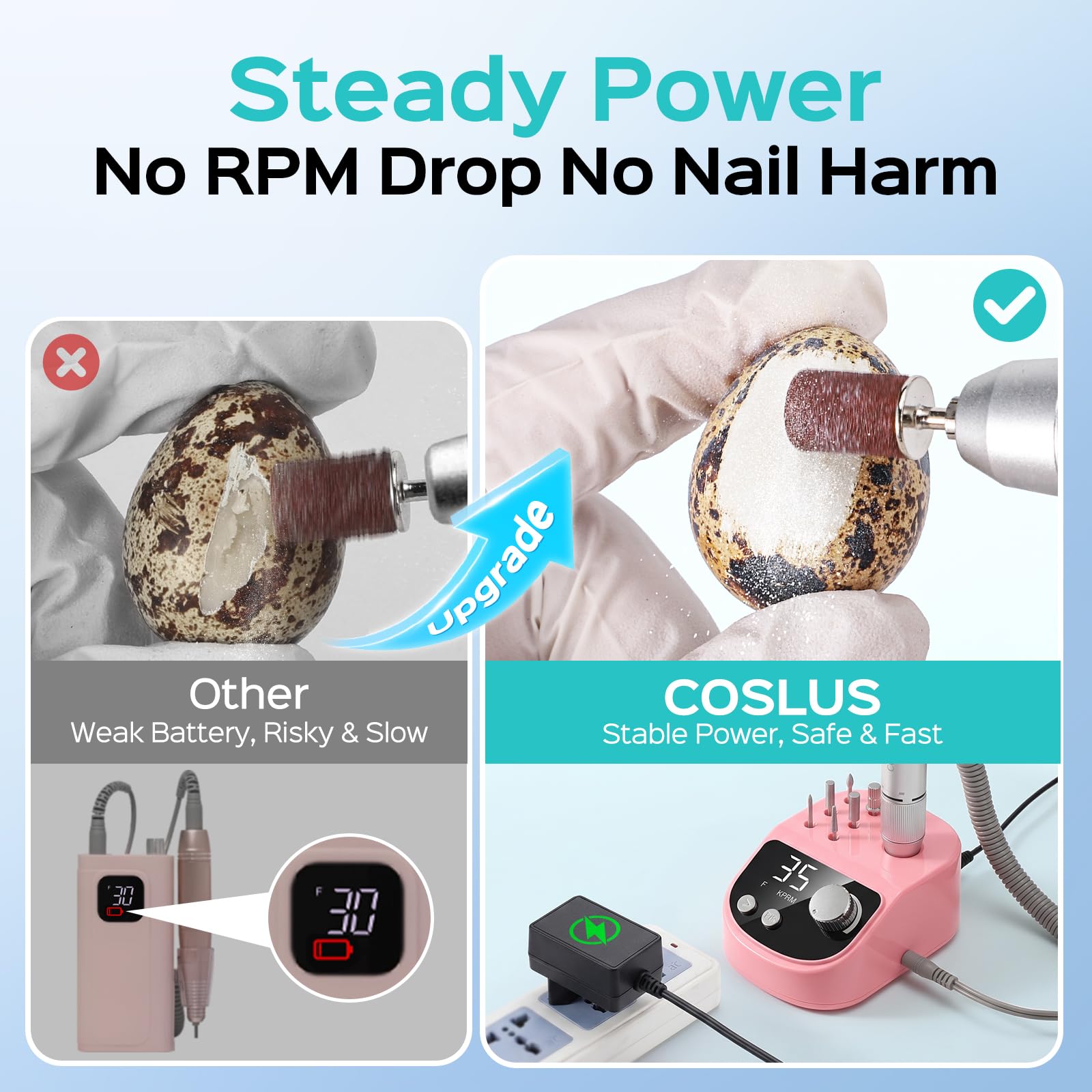 COSLUS E50 handpiece close-up highlighting ergonomic grip and steady motor performance