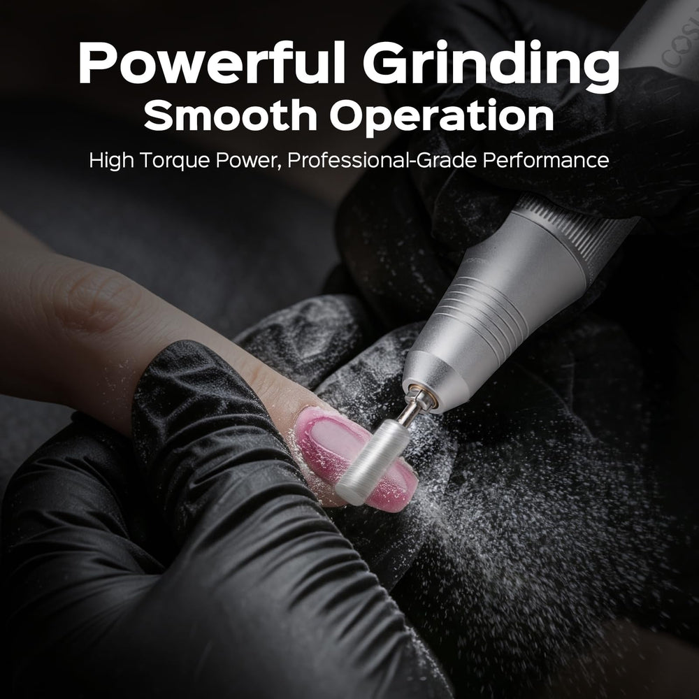 COSLUS E50 handpiece in use during a manicure demonstrating stable torque and comfort