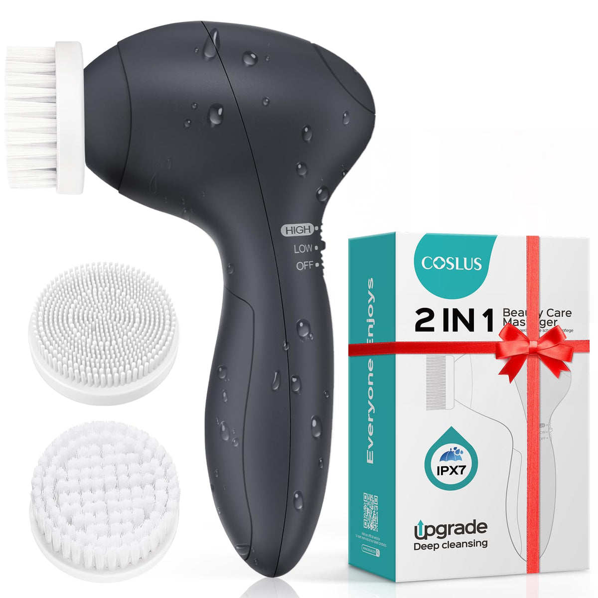 COSLUS front view showing compact face brush, easy thorough cleansing