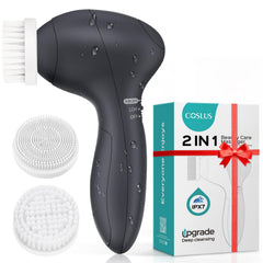 COSLUS front view showing compact face brush, easy thorough cleansing