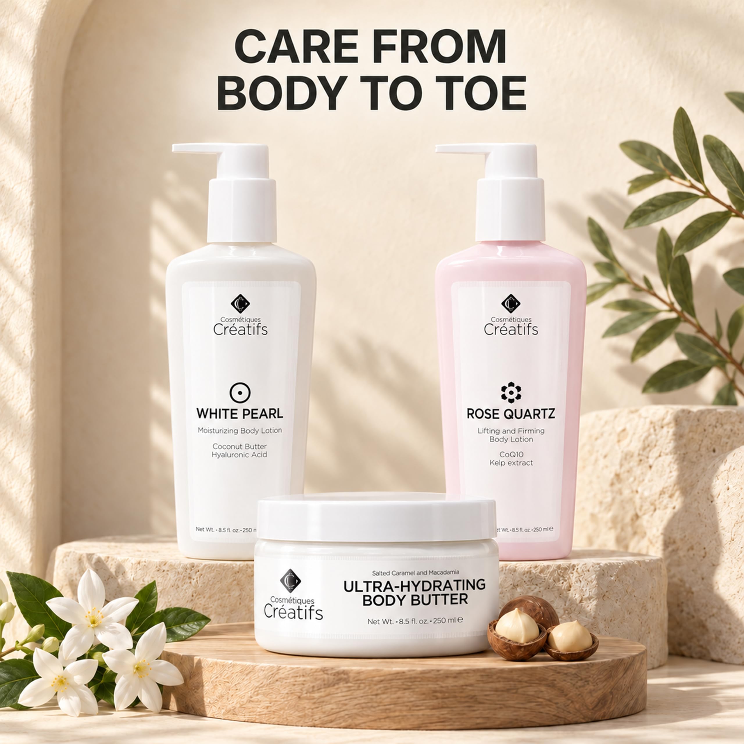 Cosmétiques Créatifs bottle on bathroom counter conveying daily routine convenience benefit