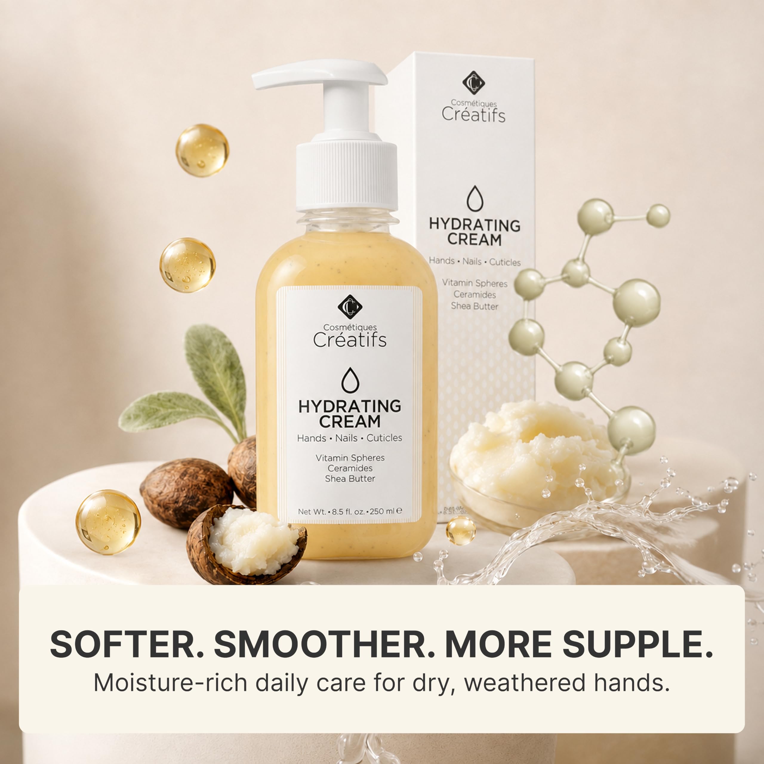 Cosmétiques Créatifs bottle next to a hand for size comparison and travel-friendly benefit