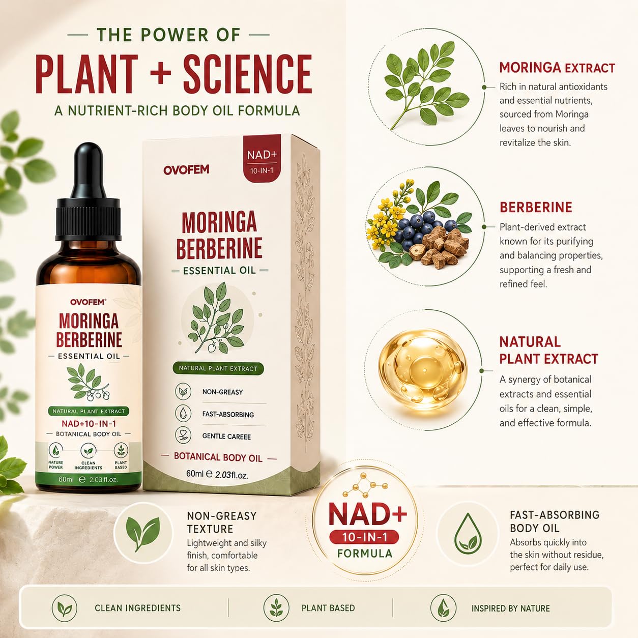 Cosmody OVOFEM label close-up highlighting moringa and berberine botanical benefits