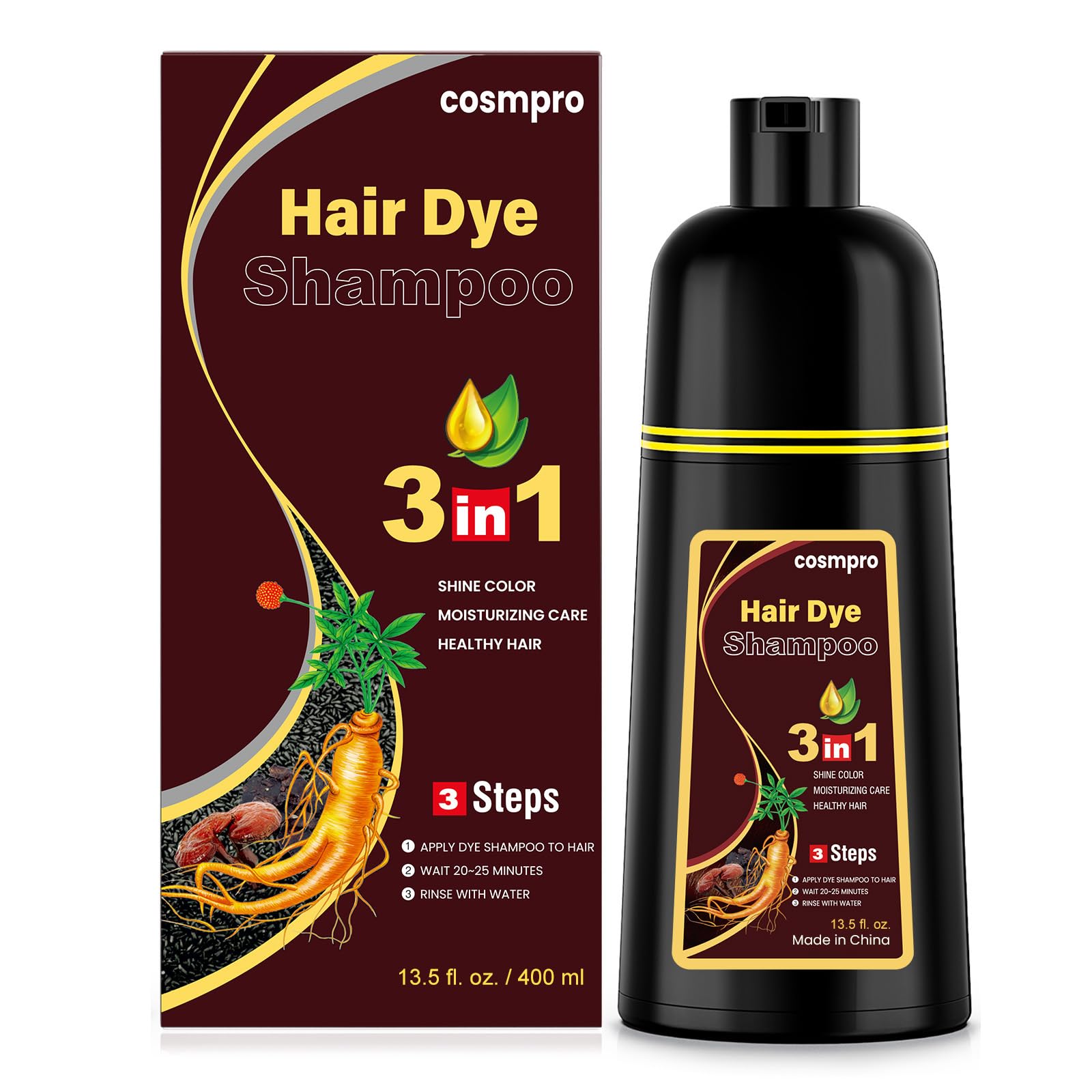 cosmpro front packaging showing coffee shampoo, clear branding and benefit