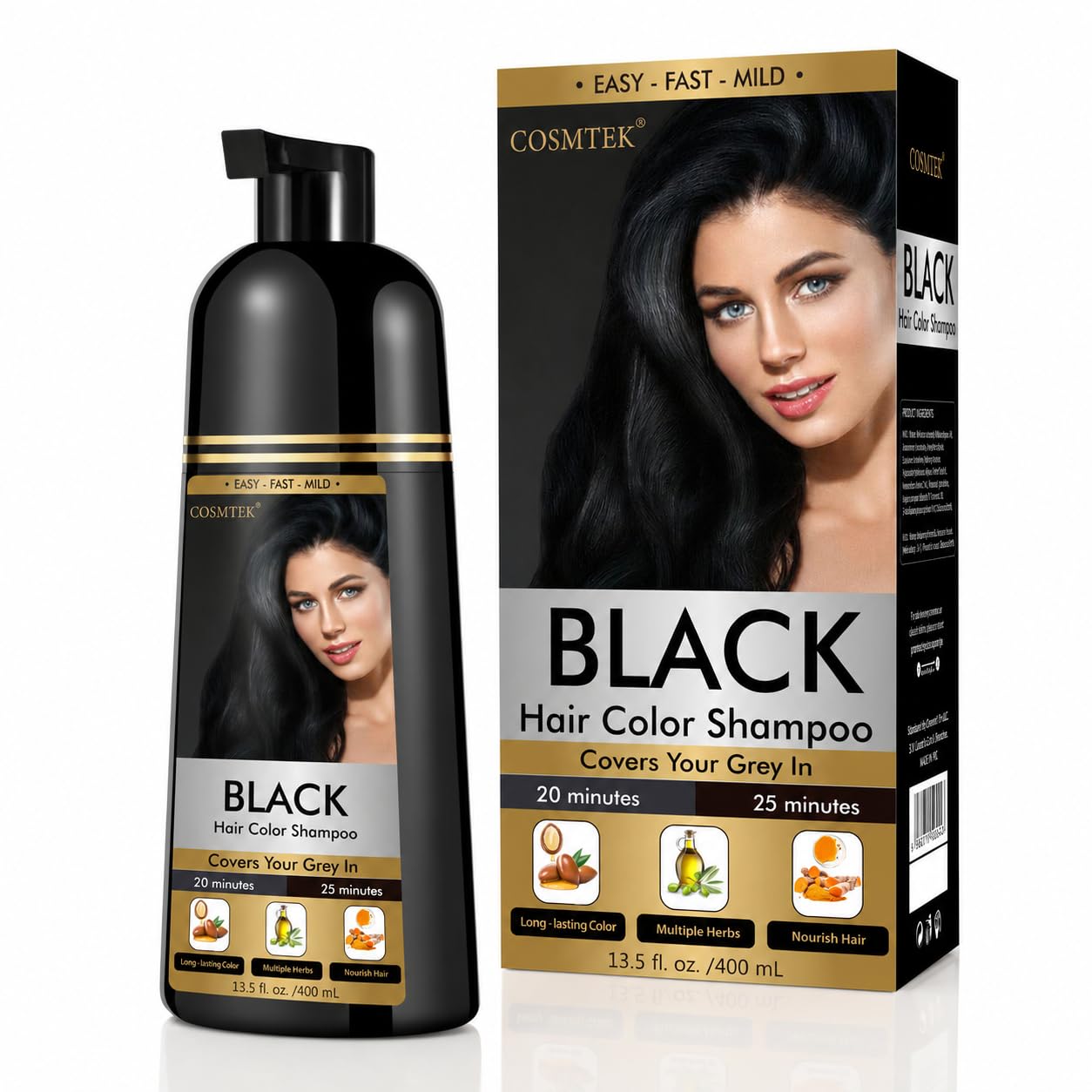 COSMTEK front packaging showing black hair dye shampoo benefits