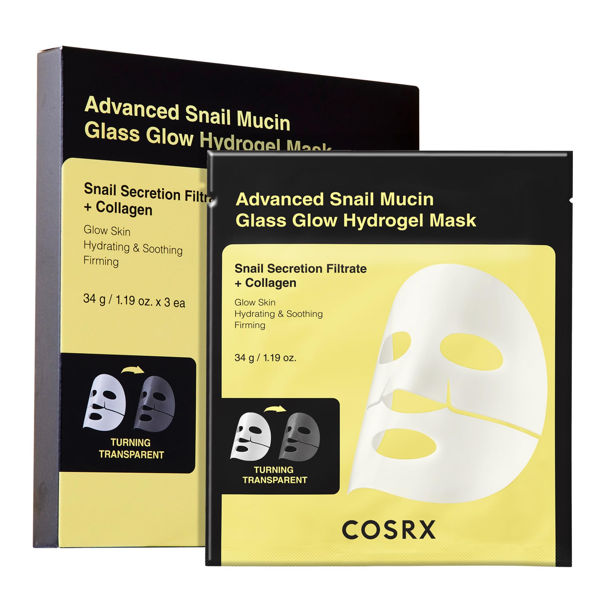 COSRX front pack view showing three hydrogel masks and clear benefits