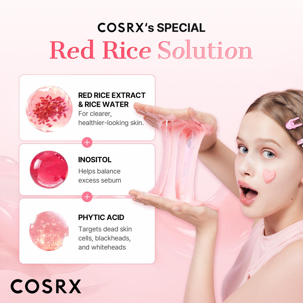 COSRX label close-up highlighting fermented red rice ingredient benefits