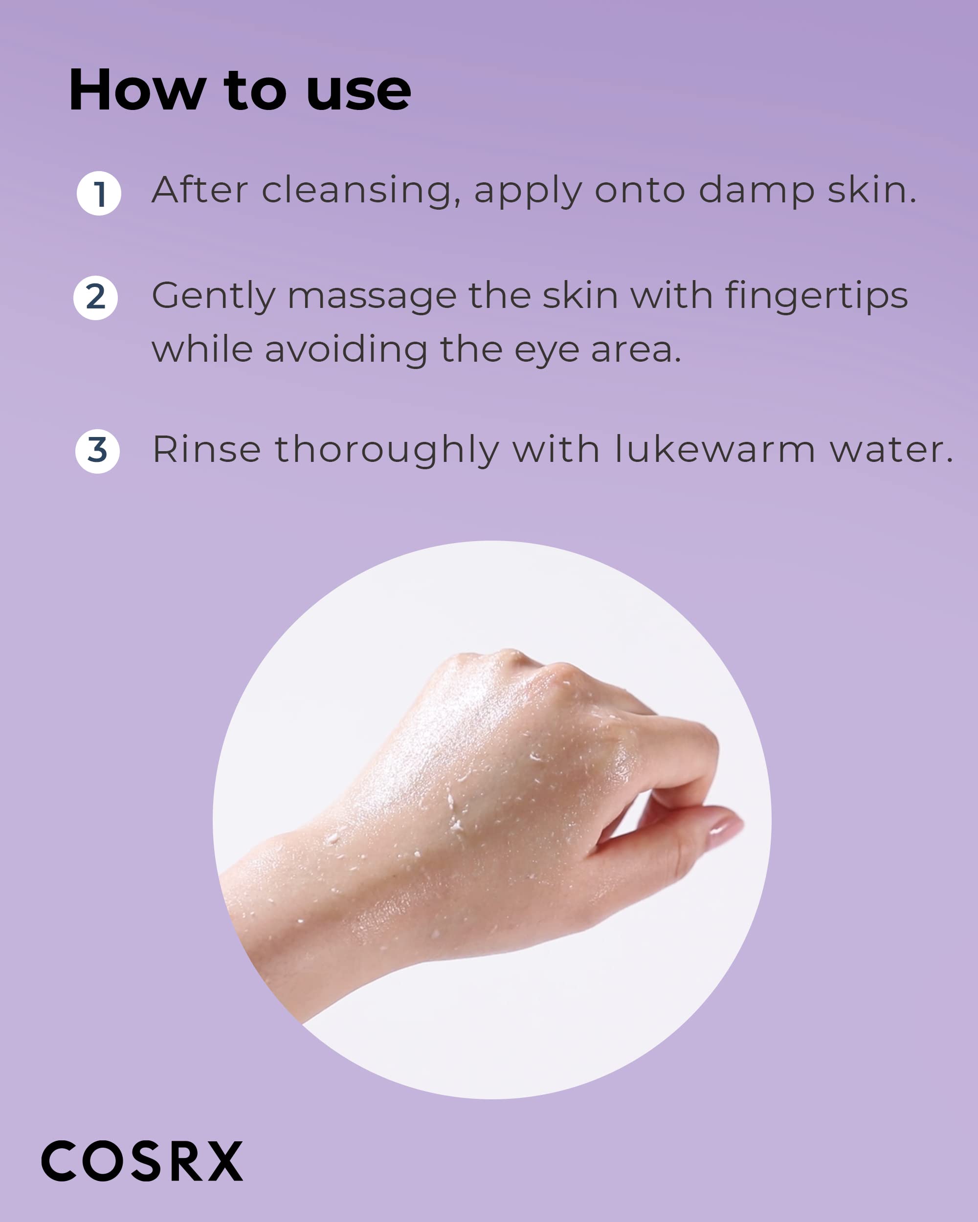 COSRX rinsing demo on hand illustrating non‑stripping cleansing effect
