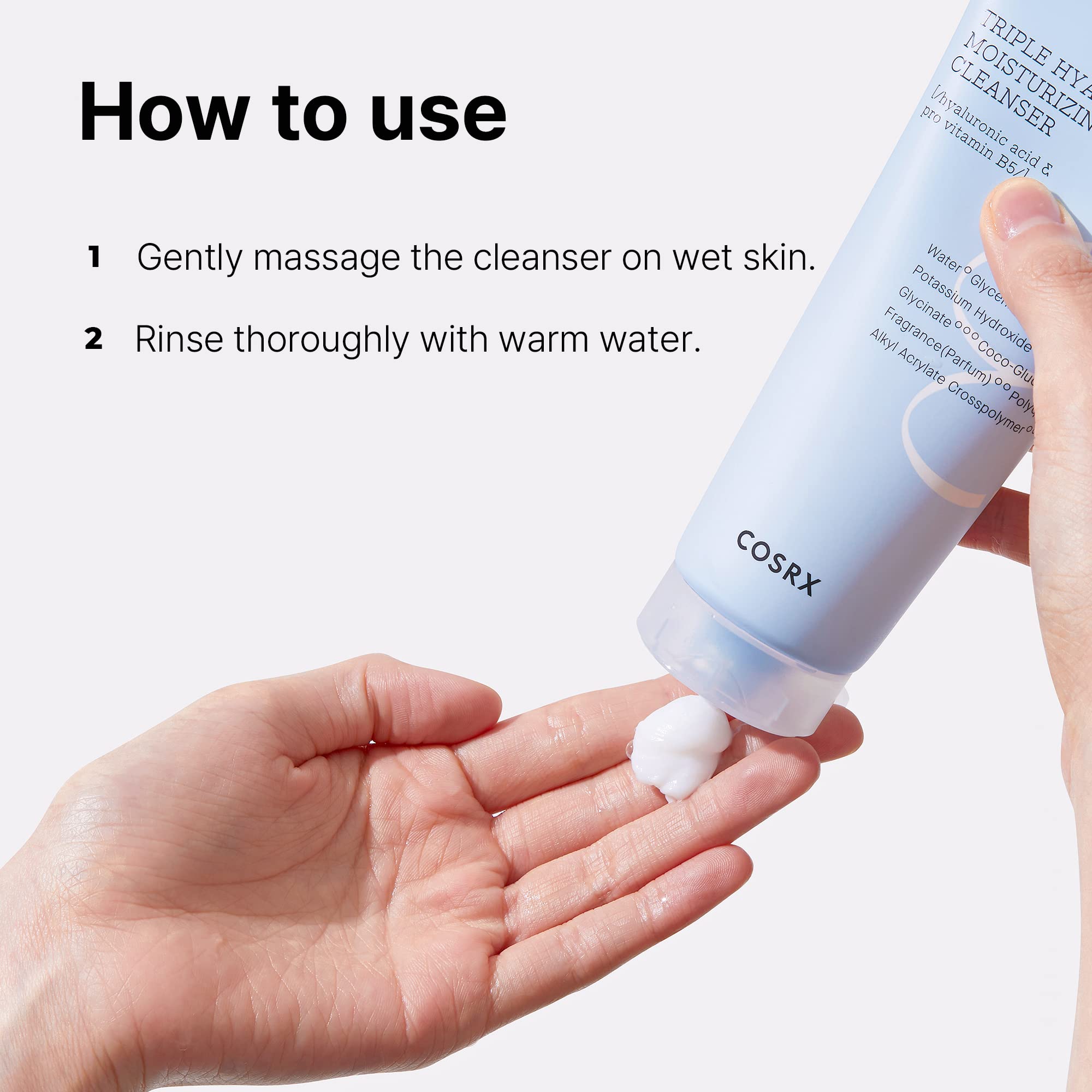 COSRX ingredient panel highlighting hyaluronic acid and panthenol benefits