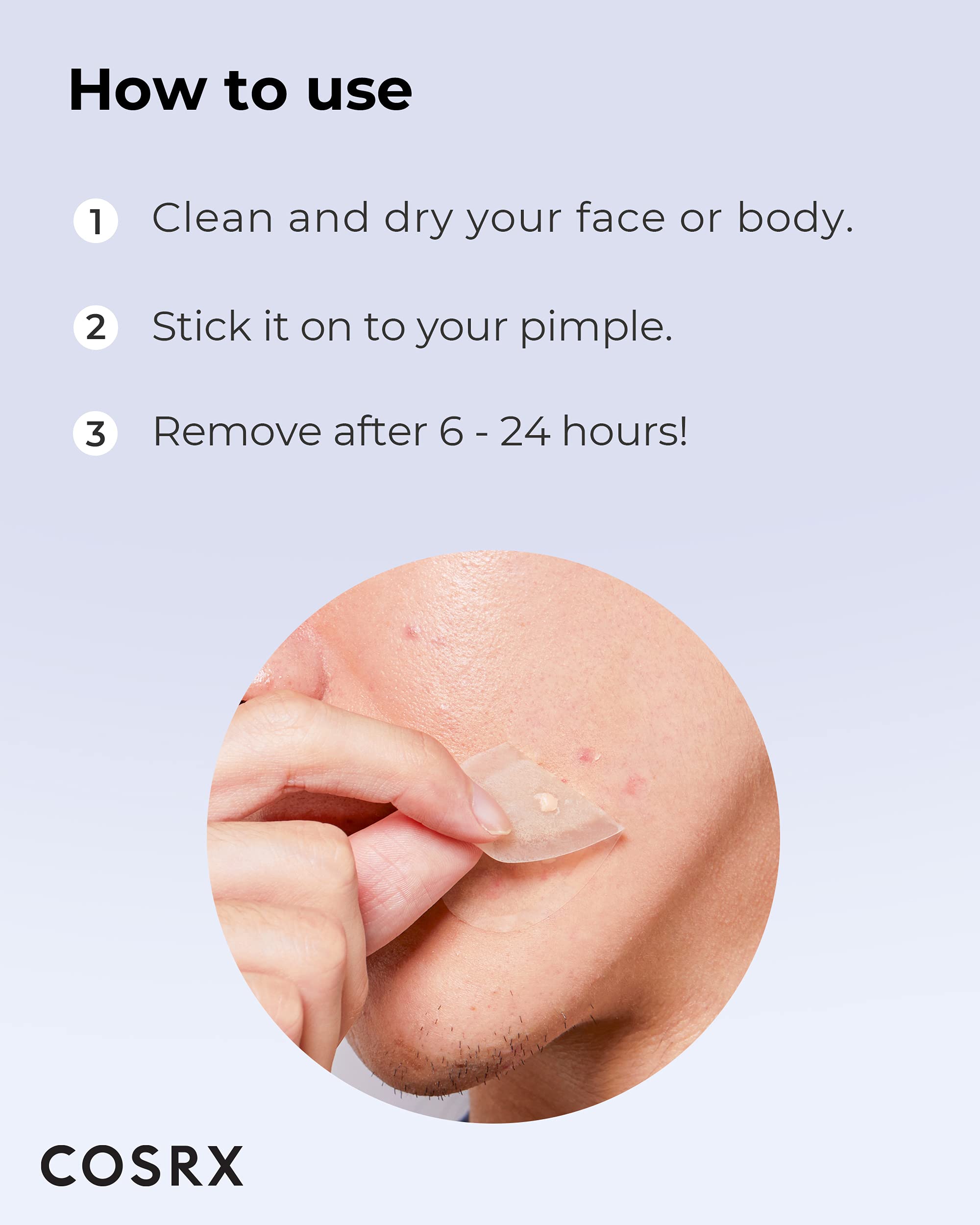 COSRX patch beside a hand showing extra-large scale and full blemish coverage