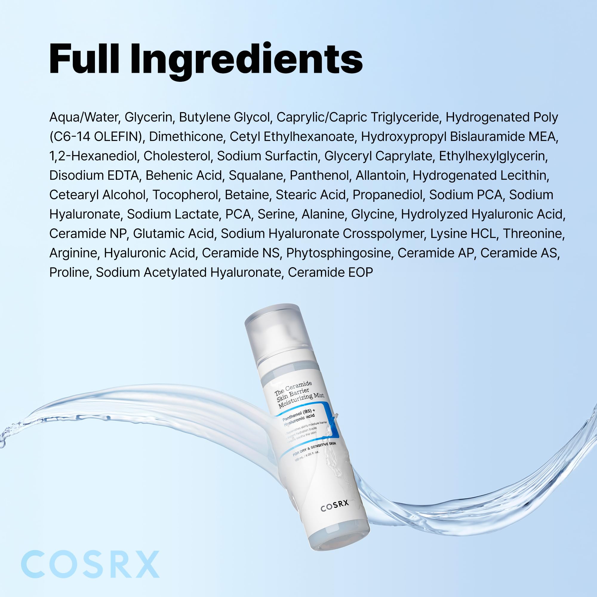 COSRX bottle and box flatlay showing product presentation and ingredients