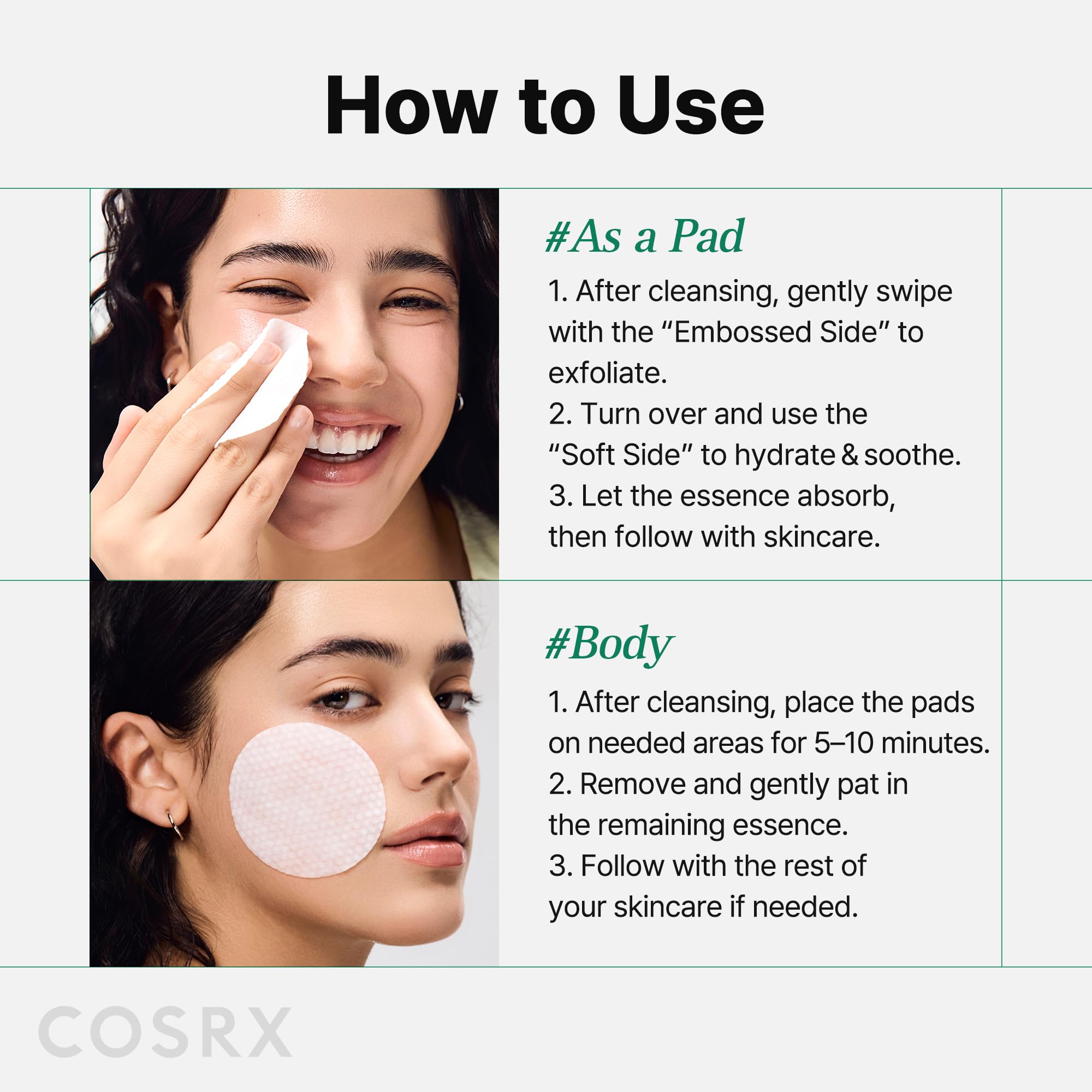 COSRX pad being applied to cheek to soothe redness and irritation