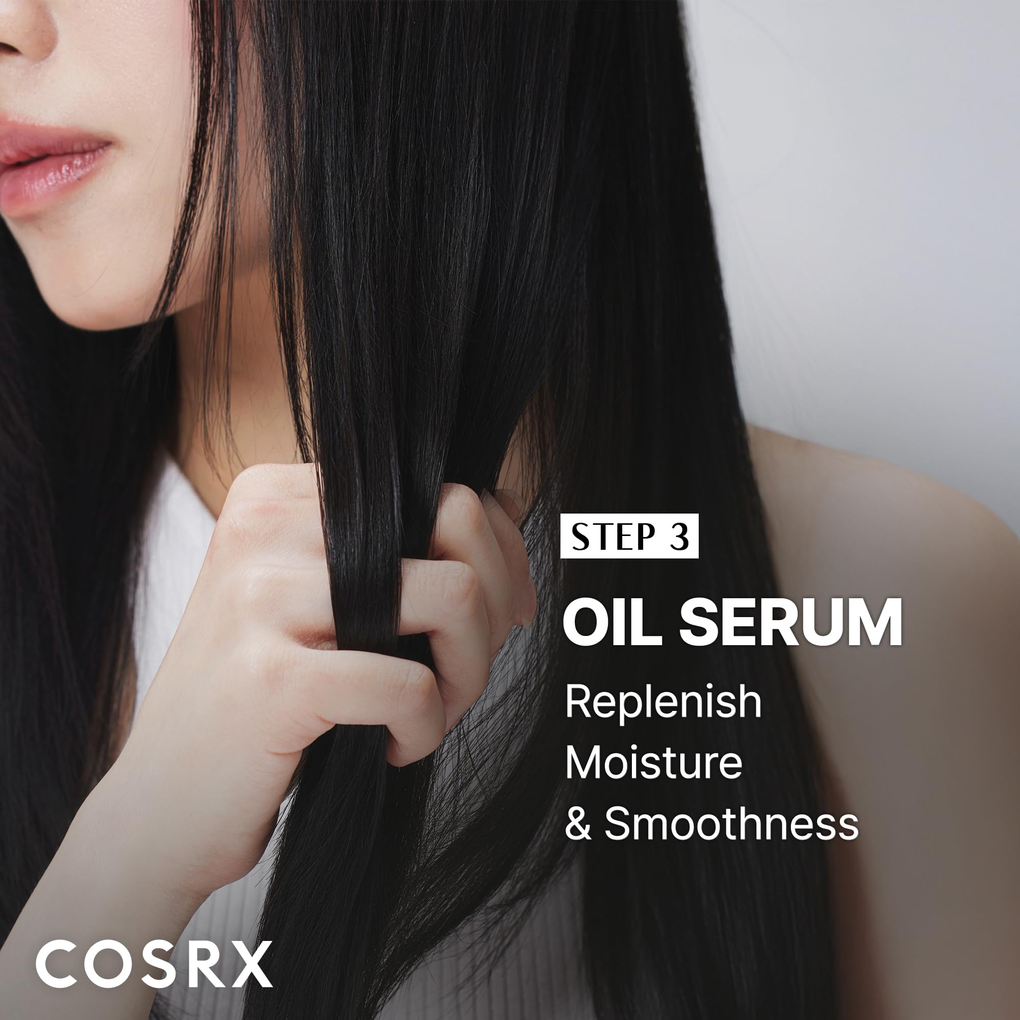 COSRX model with glossy hair after use showing smoother, shinier, healthier-looking strands