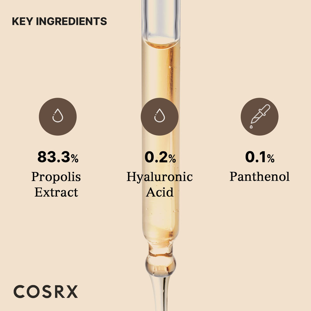 Label detail on COSRX propolis ampoule highlighting ingredient concentration and product name