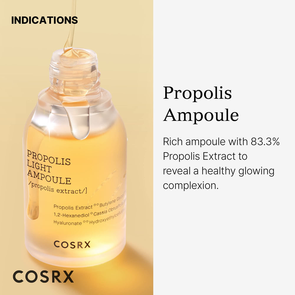 COSRX propolis ampoule dropper dispensing a clear drop for precise, mess-free application
