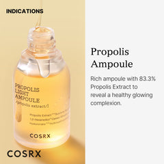 COSRX propolis ampoule dropper dispensing a clear drop for precise, mess-free application
