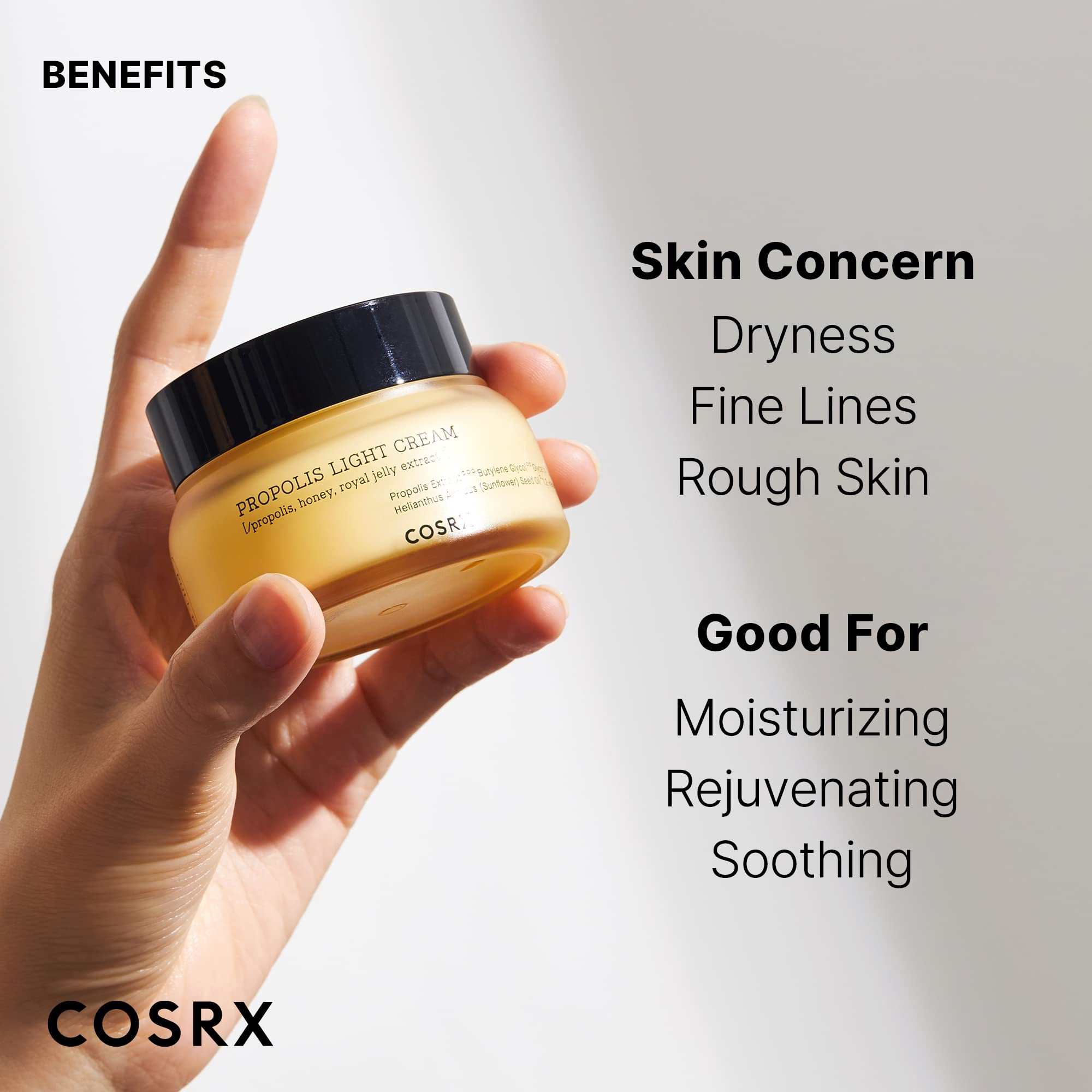 COSRX open jar close-up revealing creamy consistency and quick-absorption benefit