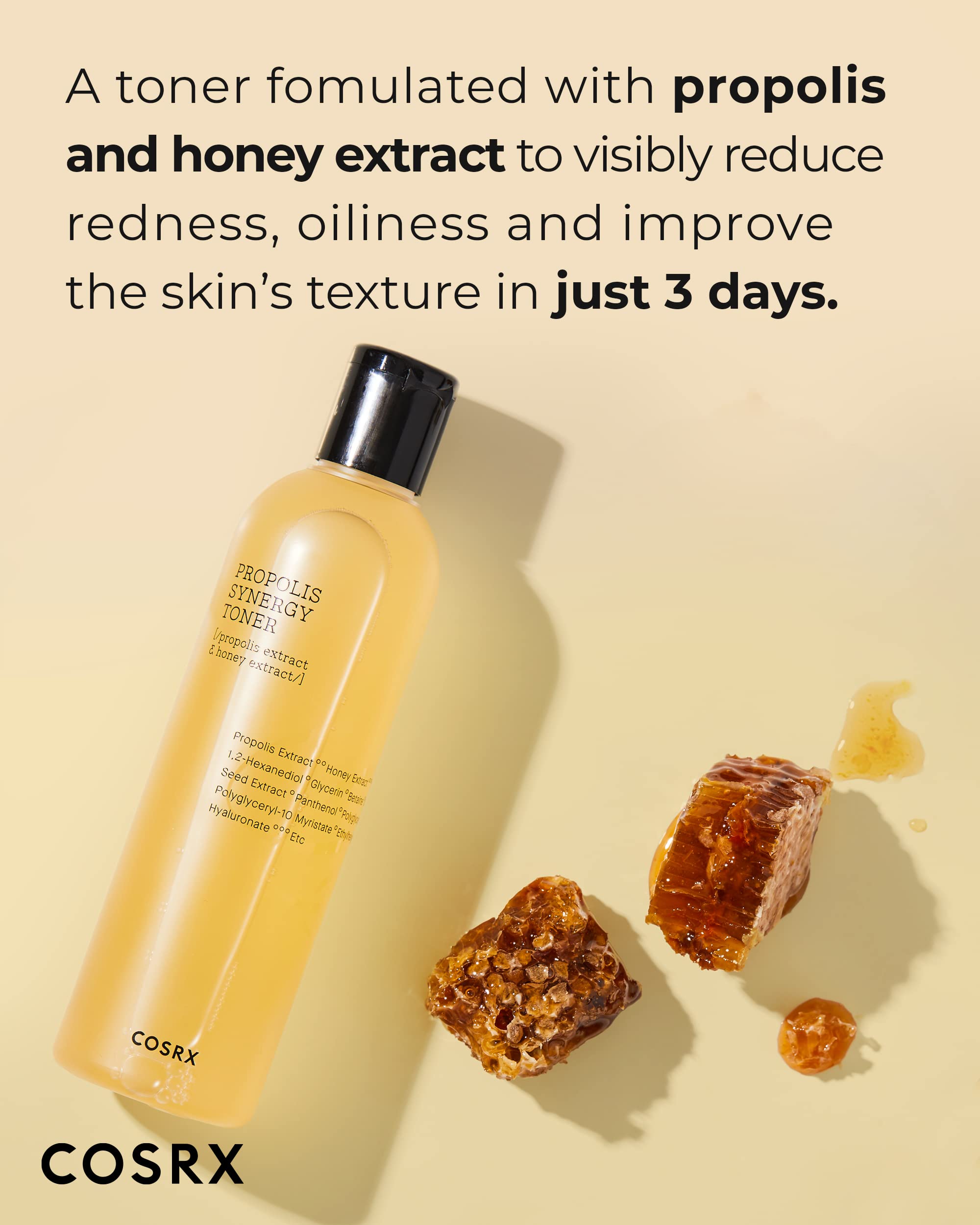 COSRX back label close-up highlighting ingredient list and gentle formula benefit