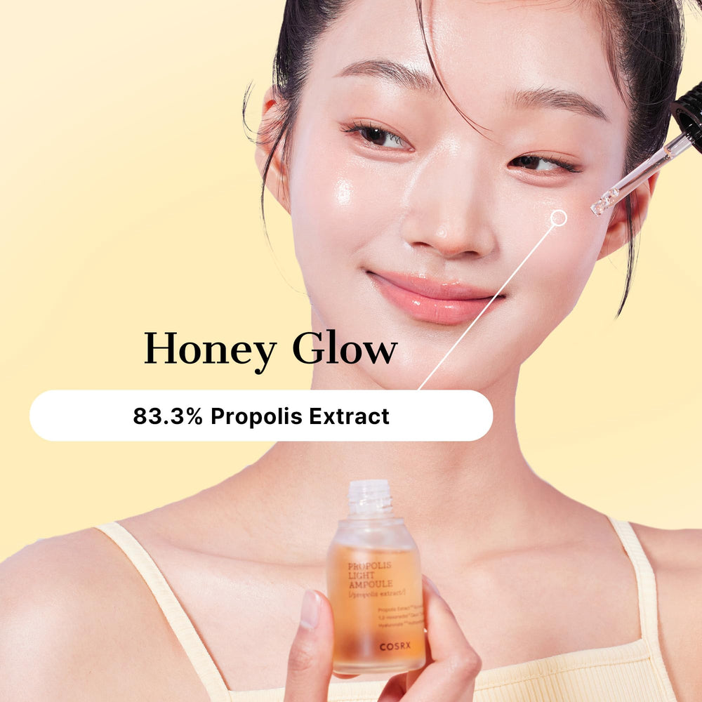 Application of COSRX propolis ampoule on facial skin demonstrating smooth absorption and hydration