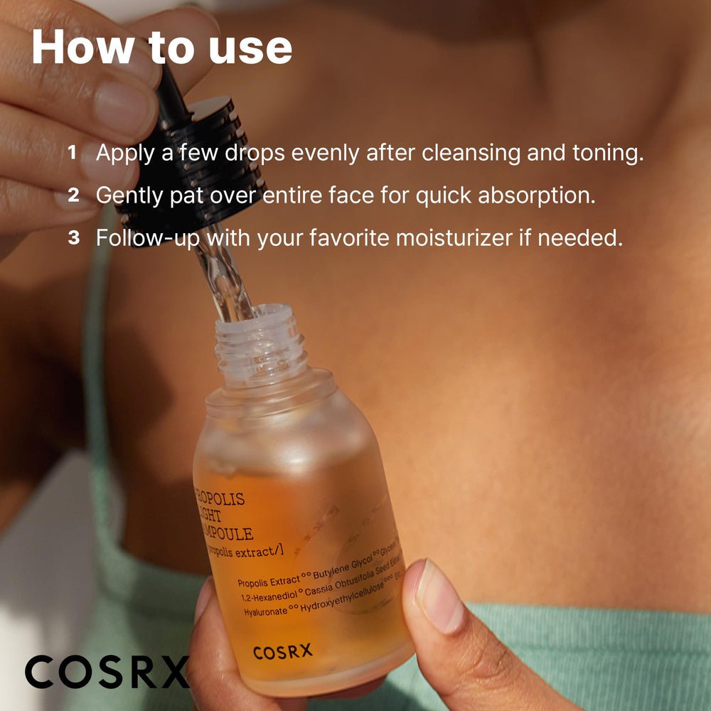 COSRX ampoule held in hand to show scale and compact 1.01 fl. oz size for travel convenience