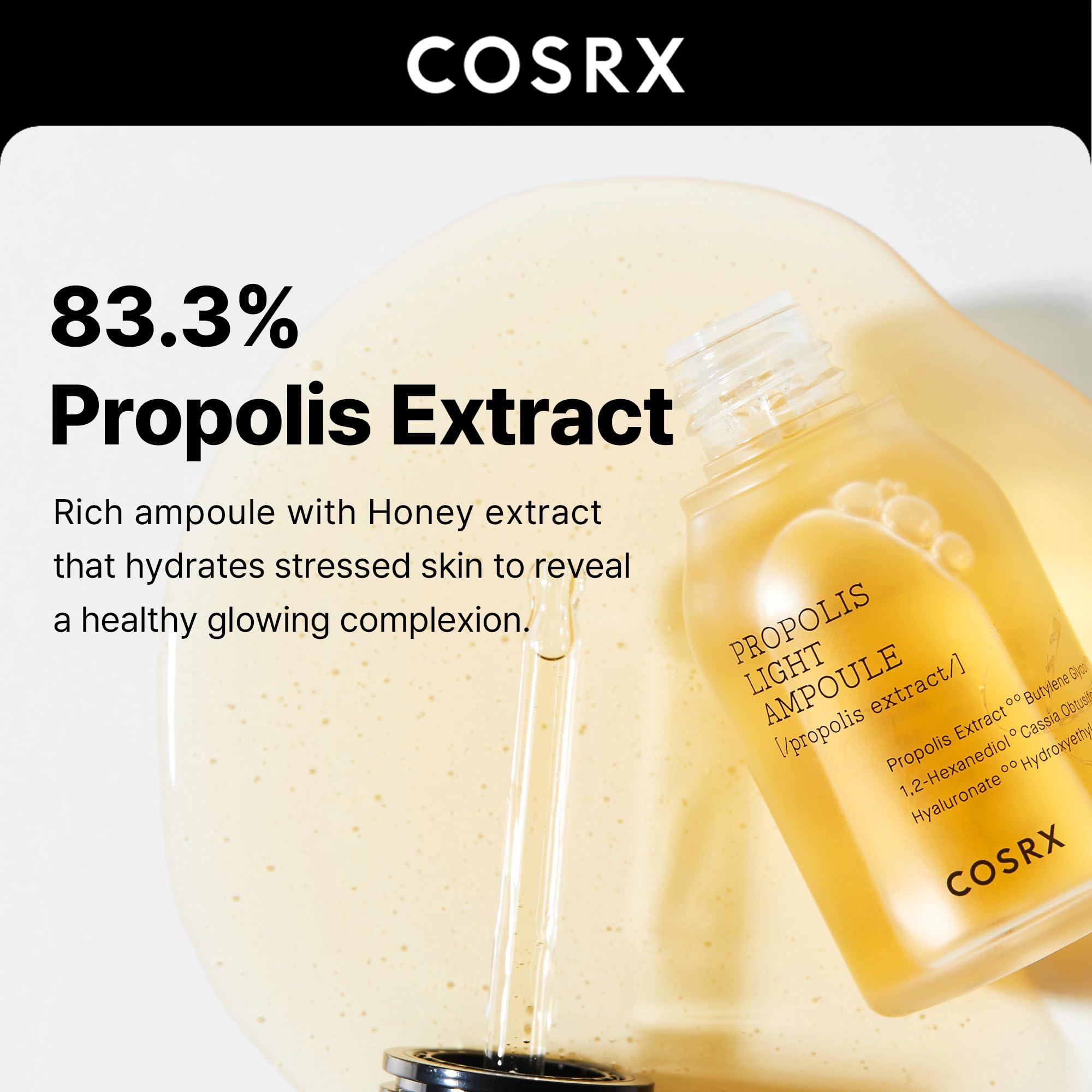 Close-up of COSRX propolis ampoule texture illustrating lightweight, fast-absorbing consistency