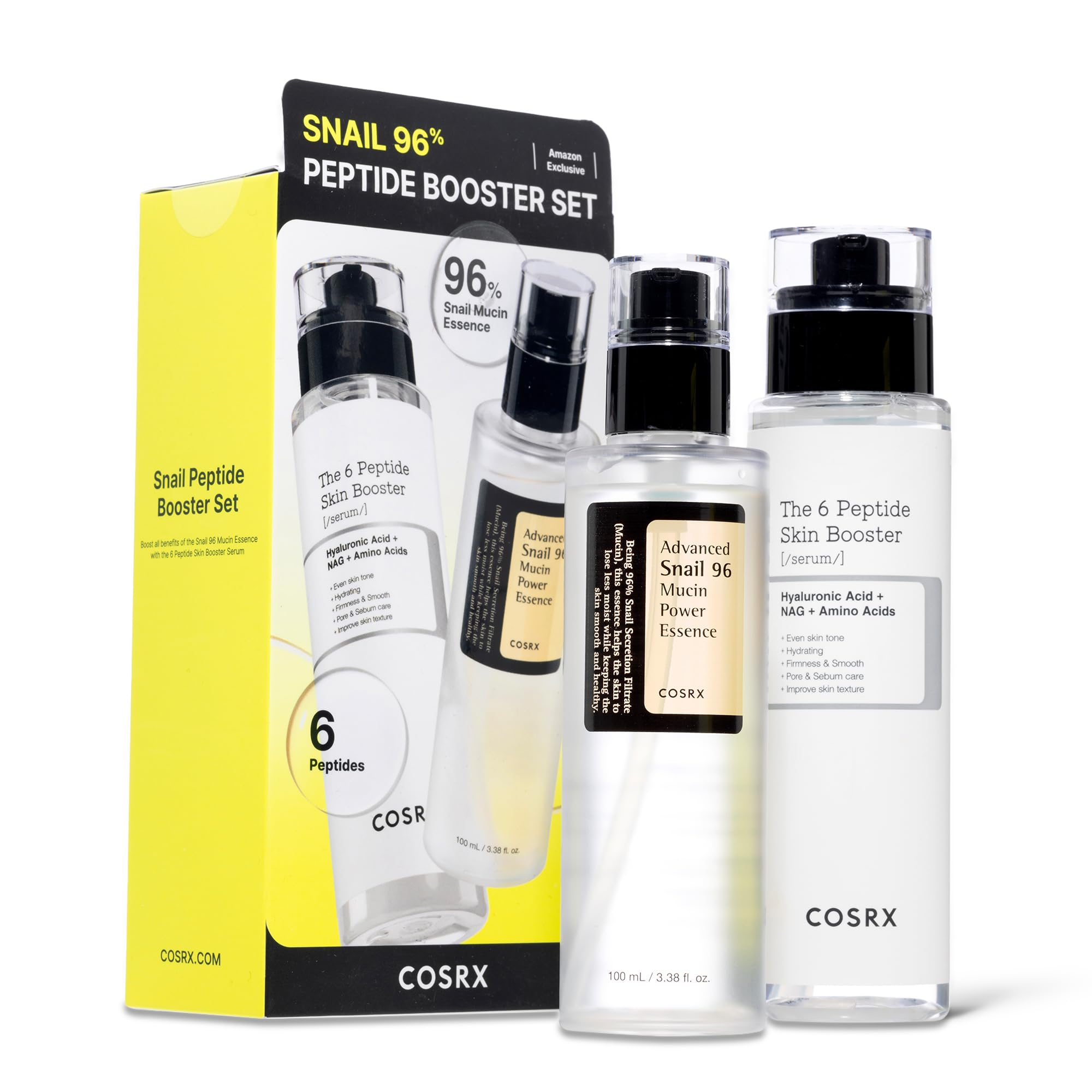 COSRX front packaging of the snail mucin peptide booster set showing gift box presentation and benefit of repair