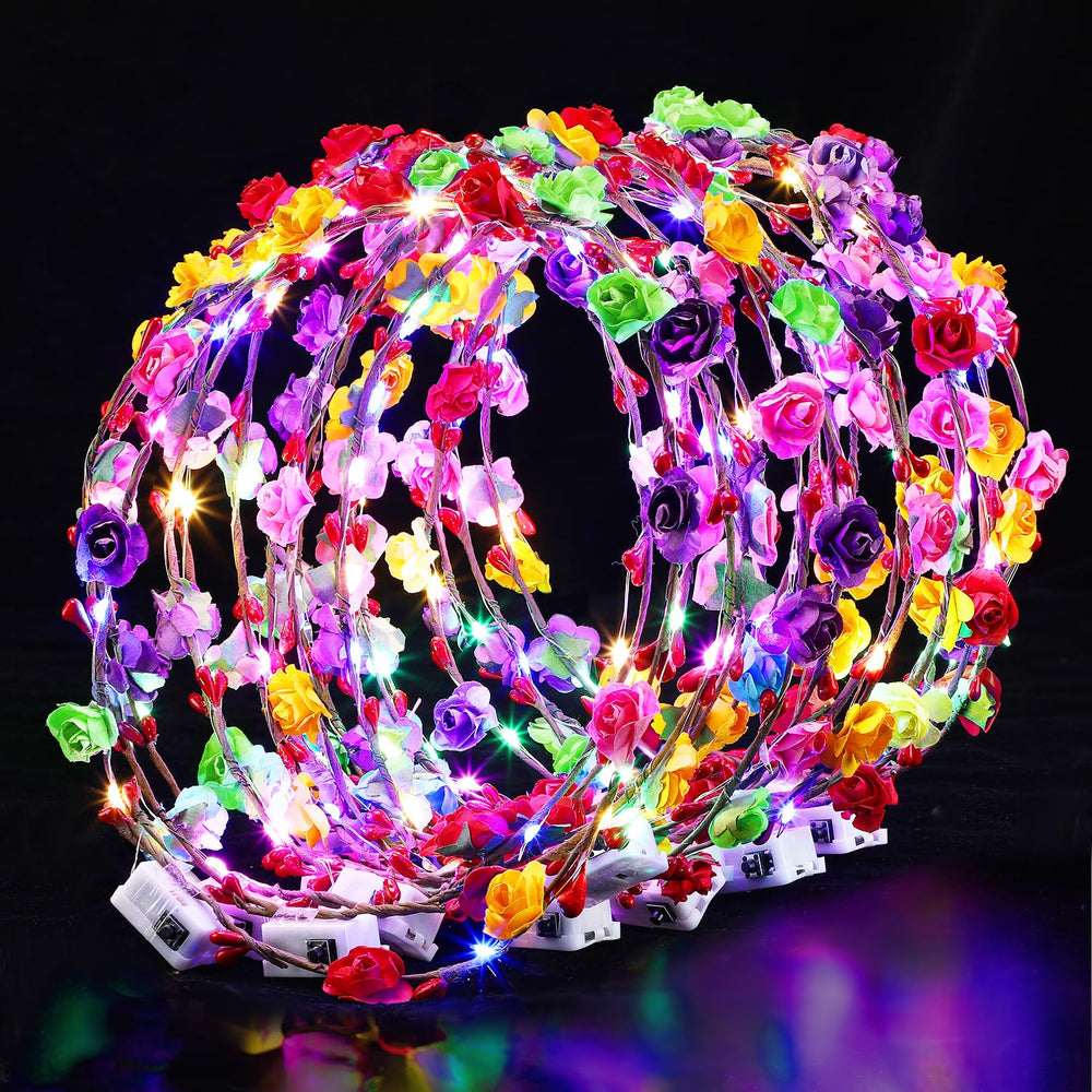 Cosweet front view of light-up flower crown, shows elegant fit and glow