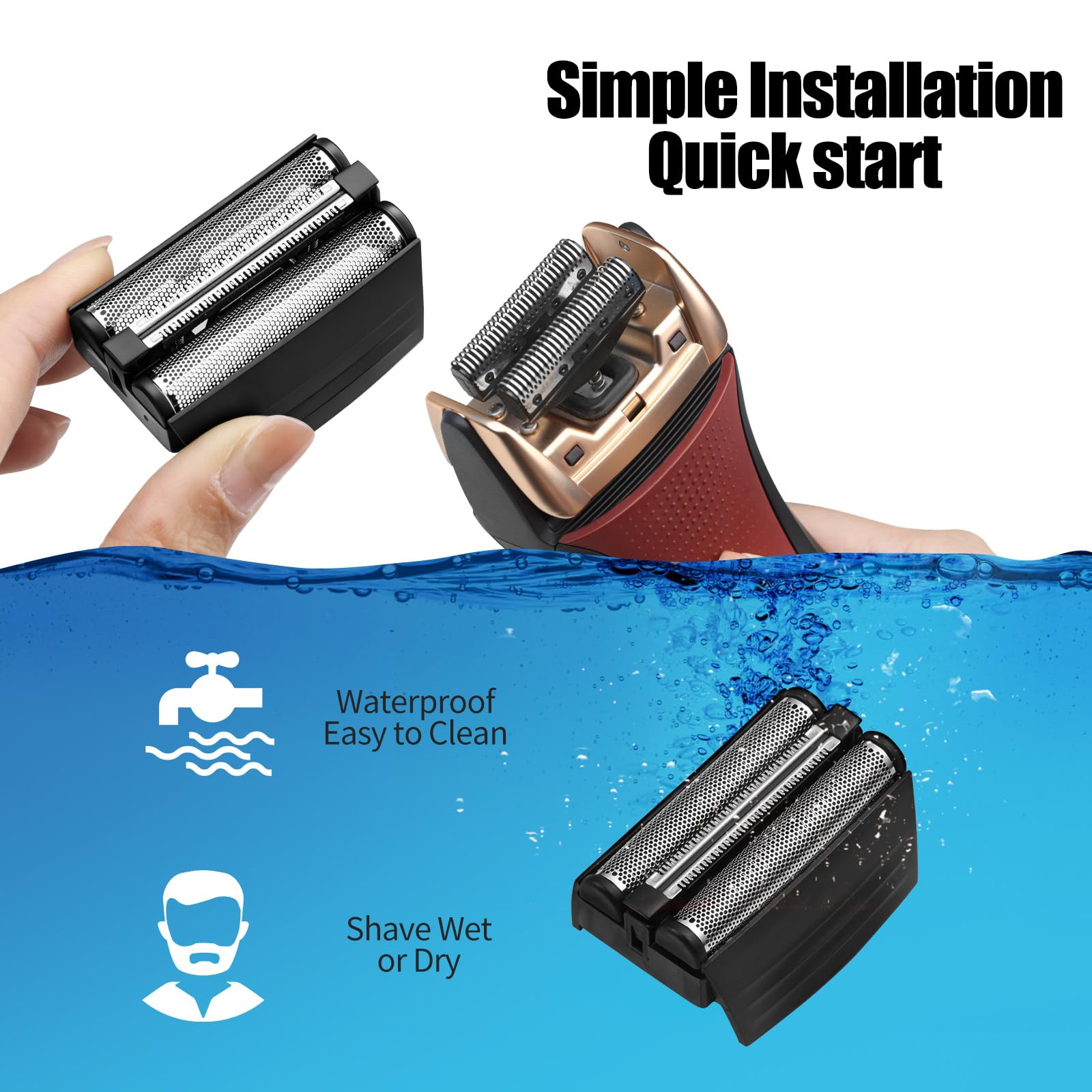 COSYONALL foil installed on a Remington shaver demonstrating correct alignment and benefit