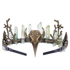 CoTeeZa front view of tiara showing raw quartz and vintage motifs for striking presence