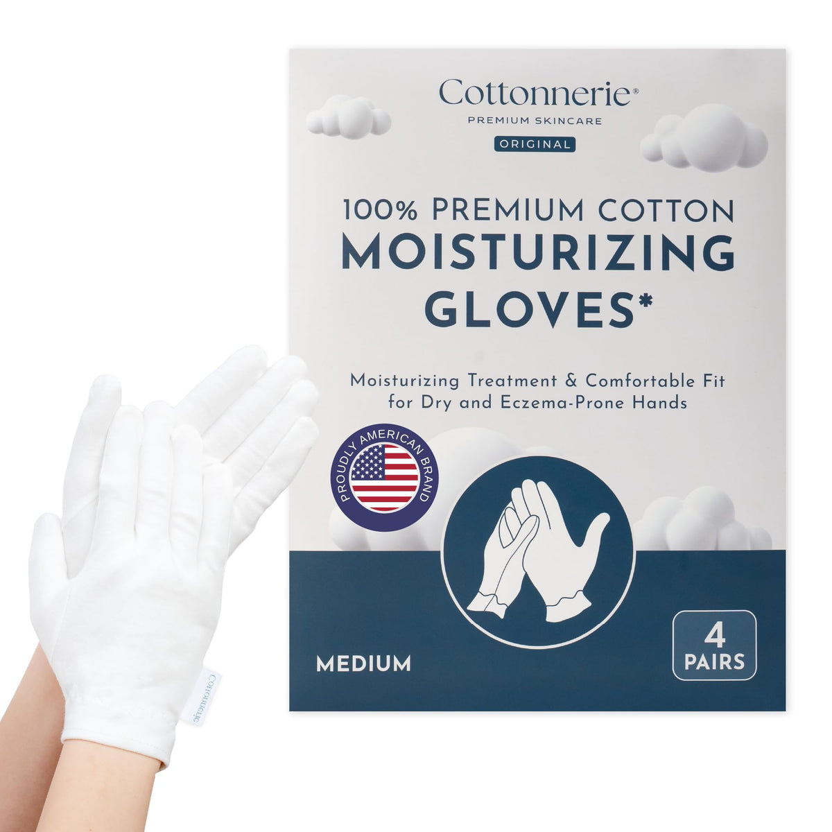 COTTONNERIE front packaging showing four pairs of cotton sleep gloves for convenience