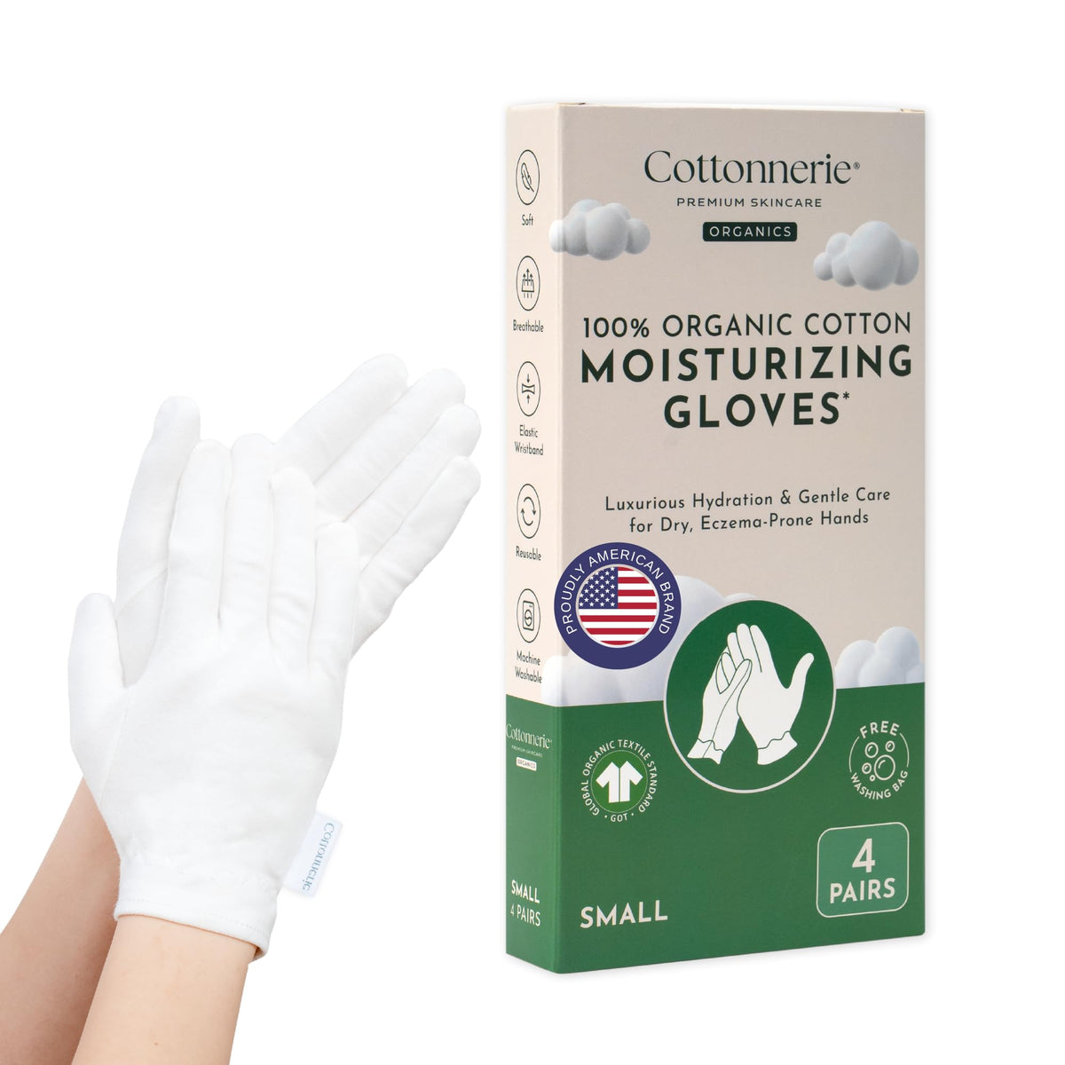 COTTONNERIE front packaging showing four pairs and organic label, promotes gentle care