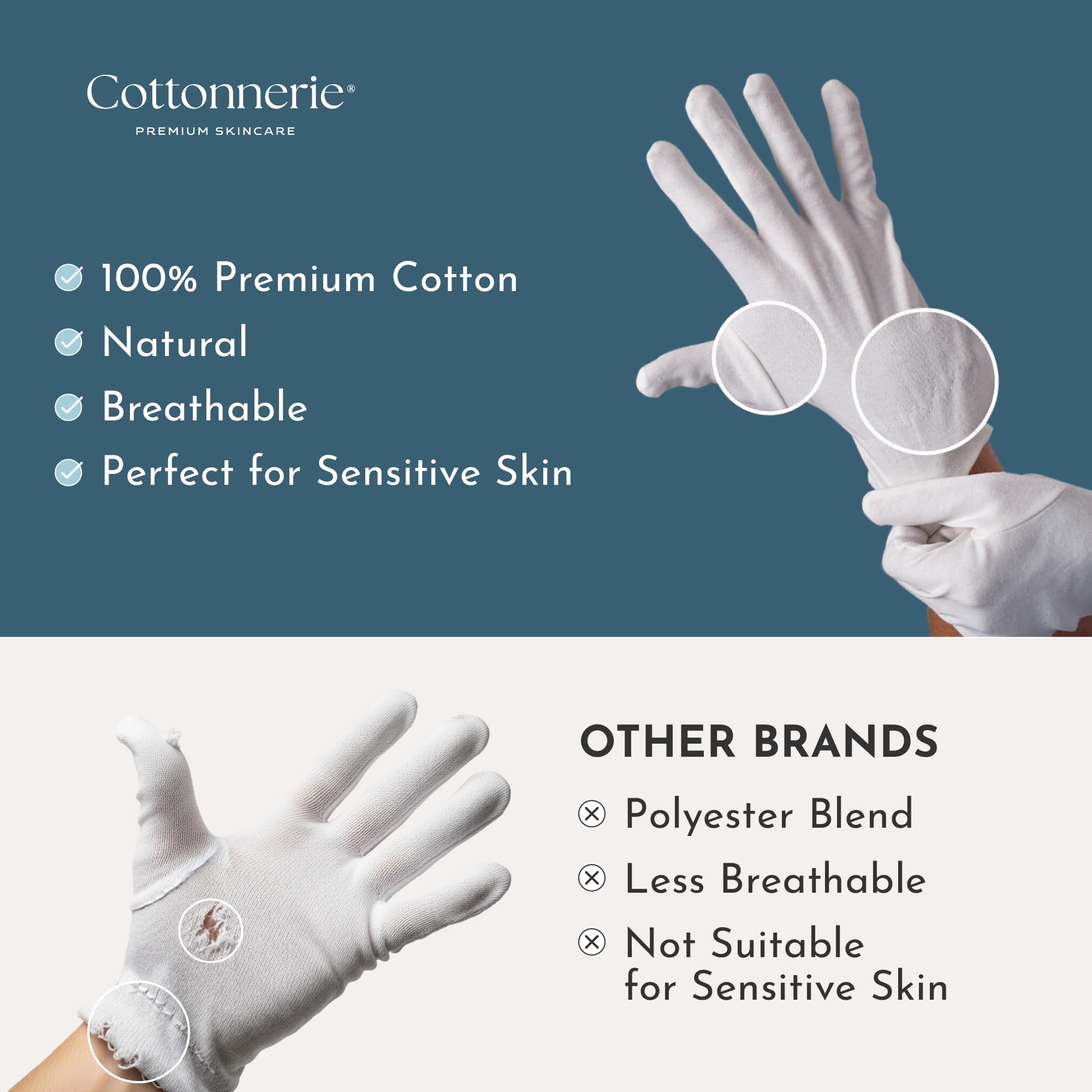 COTTONNERIE gloves worn overnight on hands to lock in moisturizer