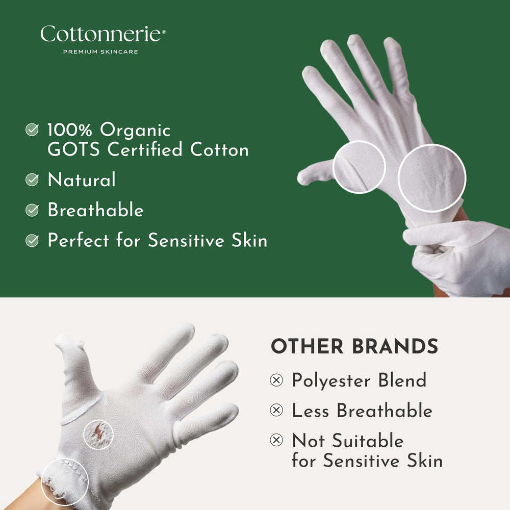 COTTONNERIE gloves worn overnight locking in moisturizer benefit